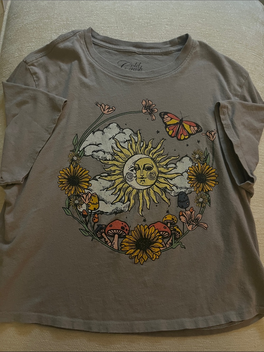 Graphic Sunflower & Butterfly Tee - Earthy Taupe. Cropped.